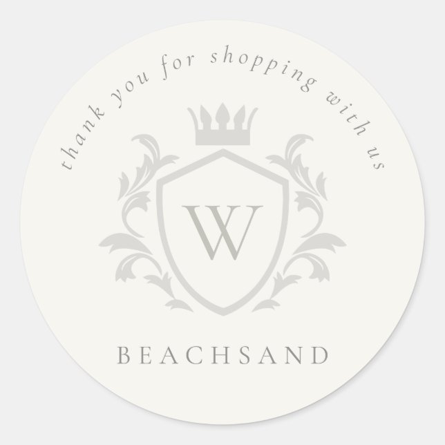 Grey Monogram Floral Crown Crest Order Thank you Classic Round Sticker (Front)