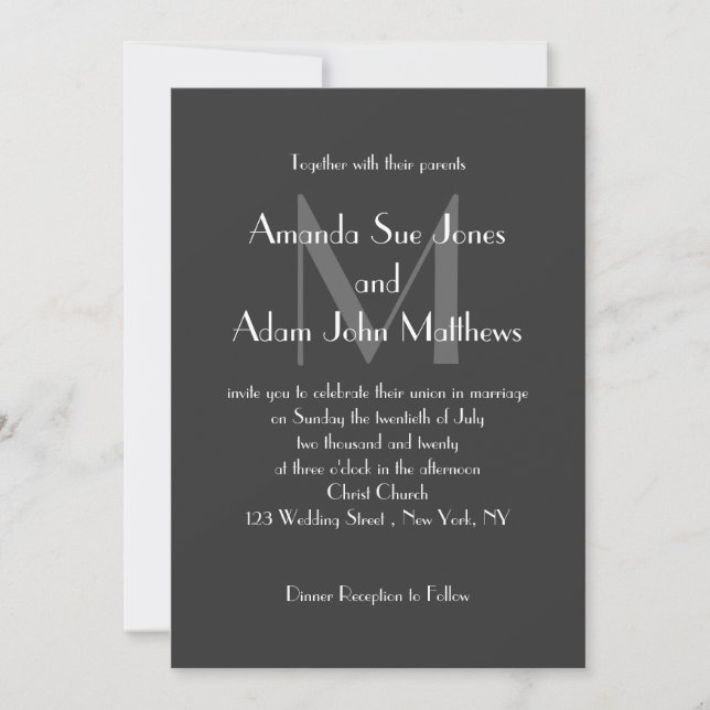 Grey Monogram Modern Wedding Invitations (Front)