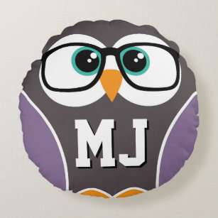 Grey Monogram Owl Wearing Glasses Round Pillow
