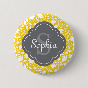 Grey Monogram Quatrefoil Yellow Floral Pattern 6 Cm Round Badge