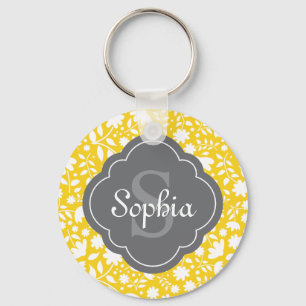 Grey Monogram Quatrefoil Yellow Floral Pattern Key Ring