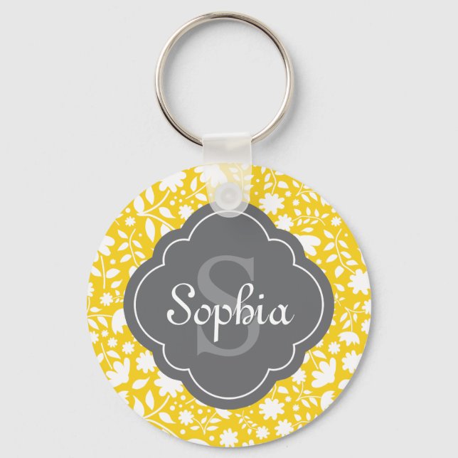 Grey Monogram Quatrefoil Yellow Floral Pattern Key Ring (Front)