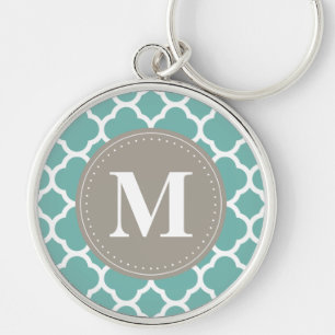 Grey Monogram Turquoise Quatrefoil Pattern Key Ring