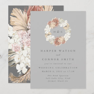 Grey Monogram Ultimate Wreath Pampas Grass Invitation