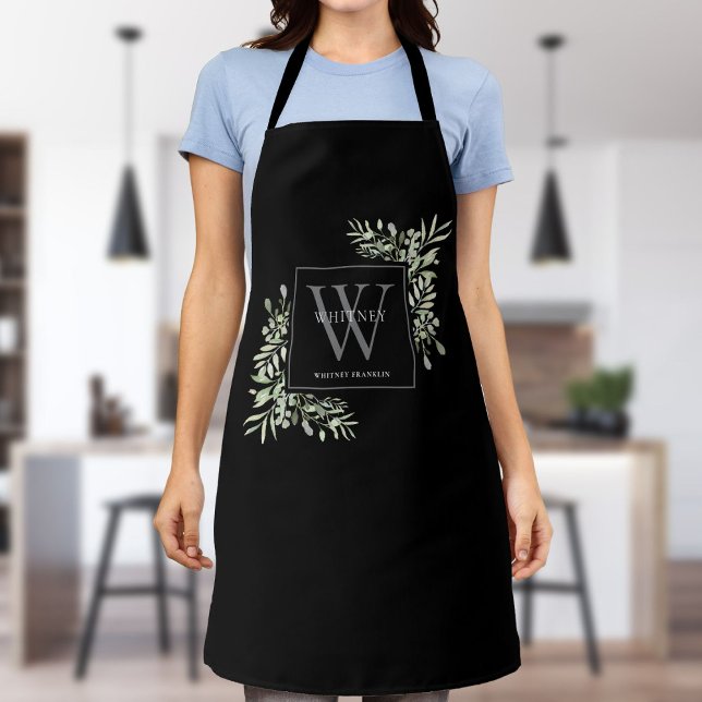 Grey Monogram Watercolor Greenery Leaves Black Apron (Creator Uploaded)
