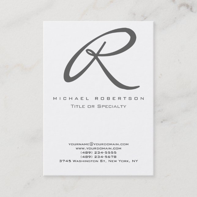 Grey Monogram White Chubby Business Card (Front)