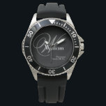 Grey Monogram White Name Classic Rugged Groomsman Watch<br><div class="desc">Honour your Groomsman with this rugged stainless steel watch featuring a bold black dial and dark grey face. The design showcases an elegant light grey monogram alongside "Groomsman" and the wedding date in a masculine font, accented by a crisp white first name for a high-impact, personalised look. Quickly and Easily...</div>
