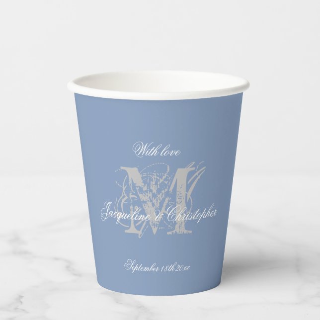 Grey Monogram White Script Dusty Blue Wedding Paper Cups (Front)