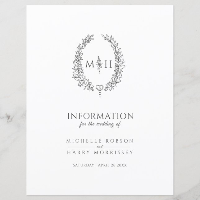 Grey monogram wreath wedding guest information (Front)