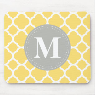 Grey Monogram Yellow Quatrefoil Pattern Mouse Mat
