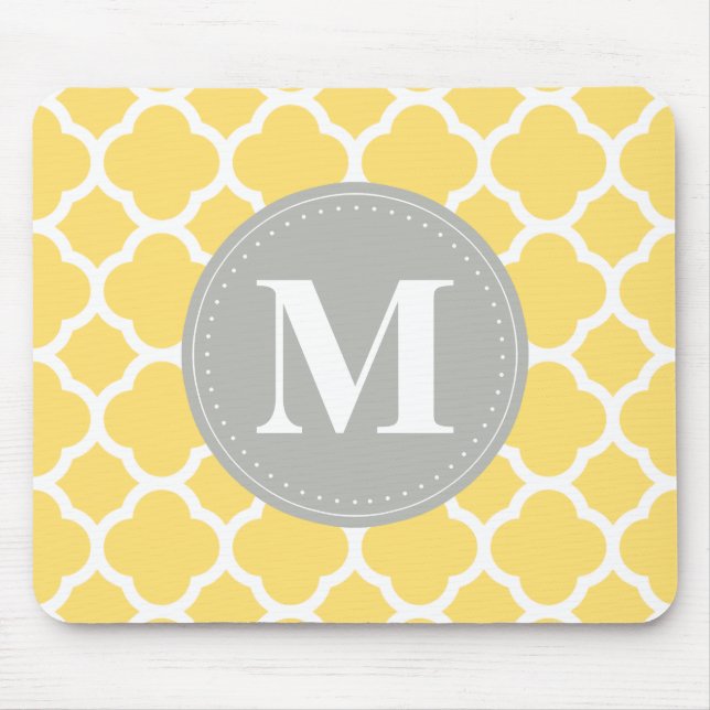 Grey Monogram Yellow Quatrefoil Pattern Mouse Mat (Front)