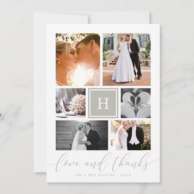 Grey Monogrammed Wedding Photo Collage Thank You (Front)