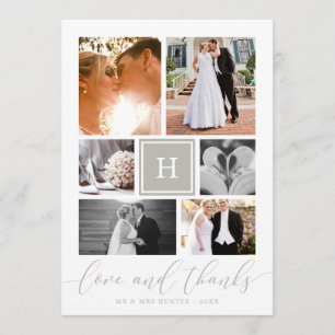 Grey Monogrammed Wedding Photo Collage Thank You Card