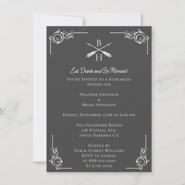 Grey Monograms and Arrows Rehearsal Dinner Invitation (Front)