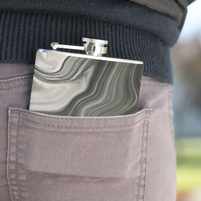 Grey Monotone Artistic Acrylic Pour Abstract Hip Flask (In Situ)