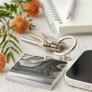Grey Monotone Artistic Acrylic Pour Abstract Key Ring