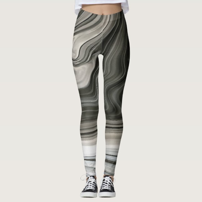Grey Monotone Artistic Acrylic Pour Abstract Leggings (Front)