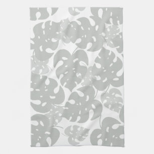 Grey monstera leaf pattern tea towel