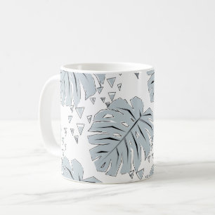 Grey monstera leaves on white  coffee mug