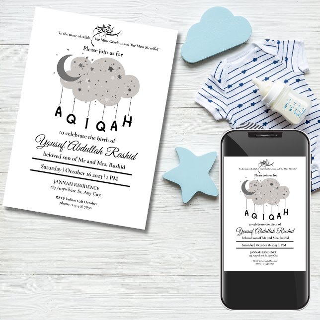 Grey Moon Cloud Star Baby Boy Muslim Aqiqah Aqeeqa Invitation (Gray Moon Cloud Star Baby Boy Muslim Aqiqah Aqeeqa Invitation)