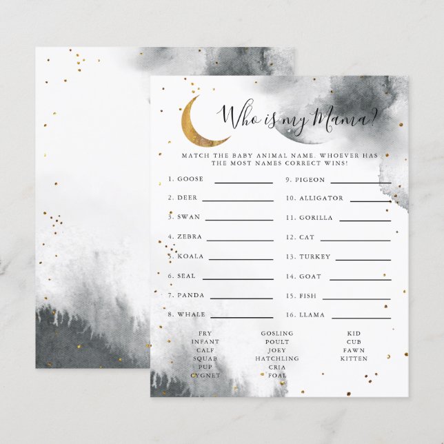 Grey Moon Who Is My Mama Baby Shower Game (Front/Back)