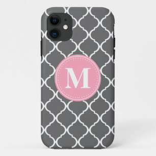 Grey Moroccan Lattice Pink Monogram iPhone 11 Case