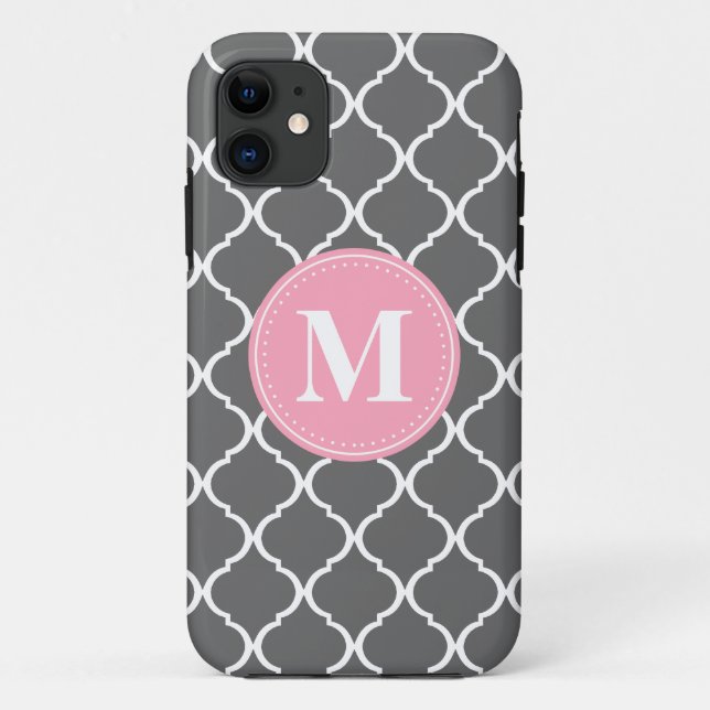 Grey Moroccan Lattice Pink Monogram Case-Mate iPhone Case (Back)