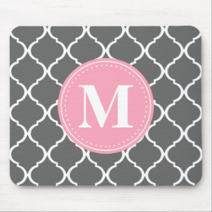 Grey Moroccan Lattice Pink Monogram Mouse Mat