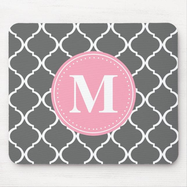 Grey Moroccan Lattice Pink Monogram Mouse Mat (Front)