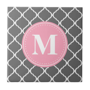 Grey Moroccan Lattice Pink Monogram Tile