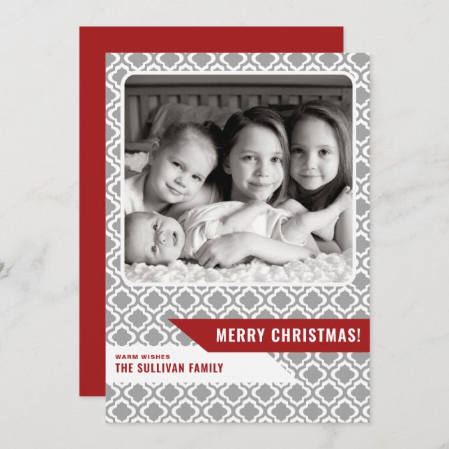 Grey Moroccan Pattern Modern Merry Christmas Photo Holiday Card (Front/Back)
