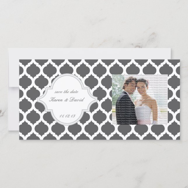 Grey Moroccan Pattern Save the Date Photo Cards (Front)