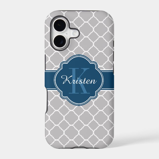 Grey Moroccan Quatrefoil Pattern Blue Monogram (Back)
