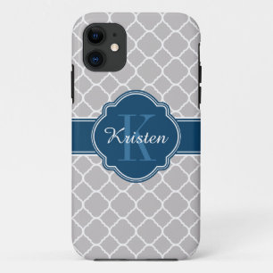 Grey Moroccan Quatrefoil Pattern Blue Monogram iPhone 11 Case