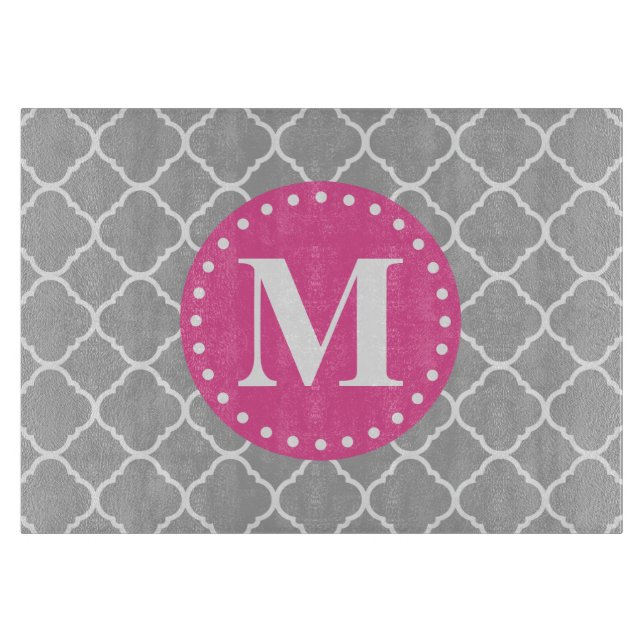 Grey Moroccan Quatrefoil Pattern Pink Monogram Cutting Board (Front)