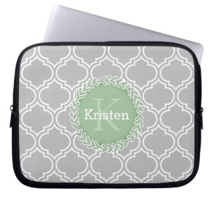 Grey Moroccan Tile Pattern Green Monogram Laptop Sleeve