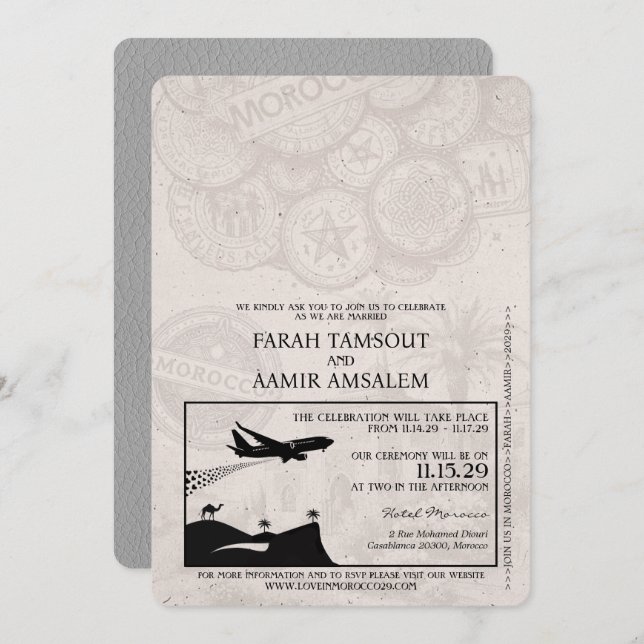 Grey Morocco Passport Wedding Invitation (Front/Back)