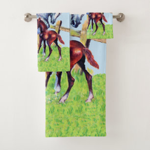 Grey Mother Horse by fence in Grass With Baby Colt Bath Towel Set