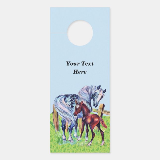 Grey Mother Horse Grass With Brown Colt Blue Sky Door Hanger (Front)