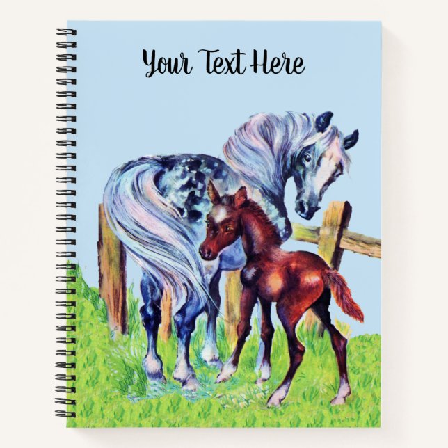 Grey Mother Horse With Brown Baby Colt Grass Fence Notebook (Front)