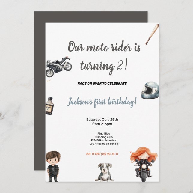 GREY MOTO RIDERS BIRTHDAY PARTY INVITATION (Front/Back)