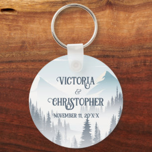 Grey Mountain Fog Forest Wilderness Wedding Key Ring