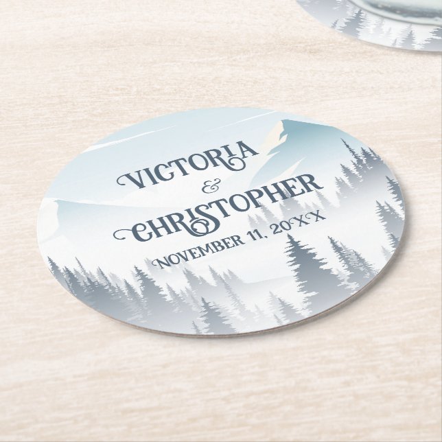 Grey Mountain Fog Forest Wilderness Wedding Round Paper Coaster (Angled)