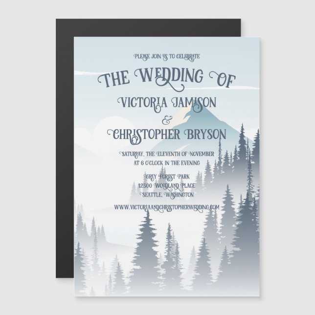 Grey Mountain Fog Forest Wilderness Winter Wedding Magnetic Invitation (Front/Back)