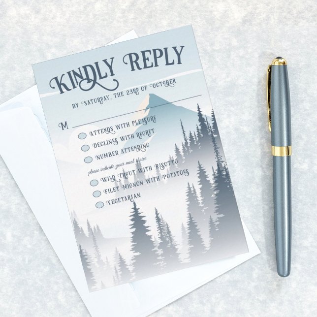 Grey Mountain Fog Forest Wilderness Winter Wedding RSVP Card (Creator Uploaded)