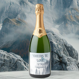 Grey Mountain Fog Forest Wilderness Winter Wedding Sparkling Wine Label