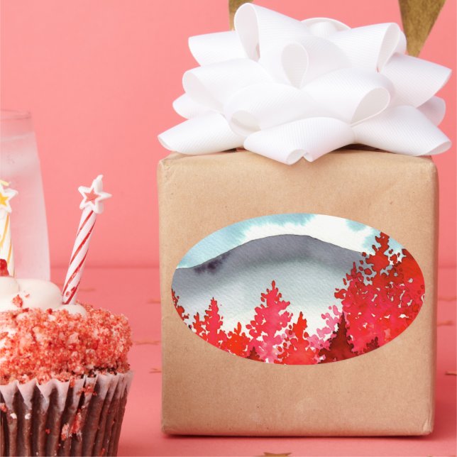 Grey Mountain With Red Trees Watercolor Oval Sticker (Party)