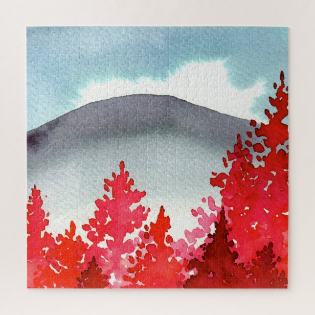 Grey Mountain With Red Trees Watercolor Puzzle (Vertical)