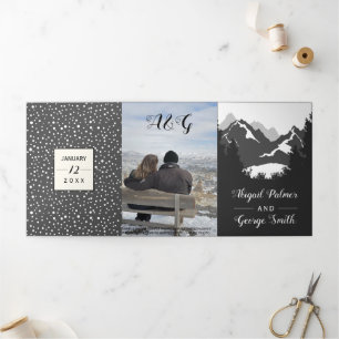 Grey mountains and trees photo winter wedding Tri-Fold invitation