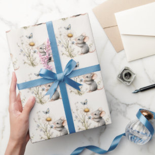 Grey Mouse Daisy Butterfly Wrapping Paper